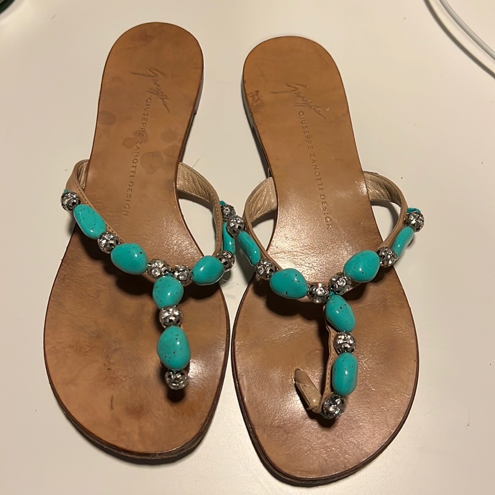 Authentic Giuseppe Zanotti Turquoise  & Rhinestone Stones Thong Sandals SZ 36…